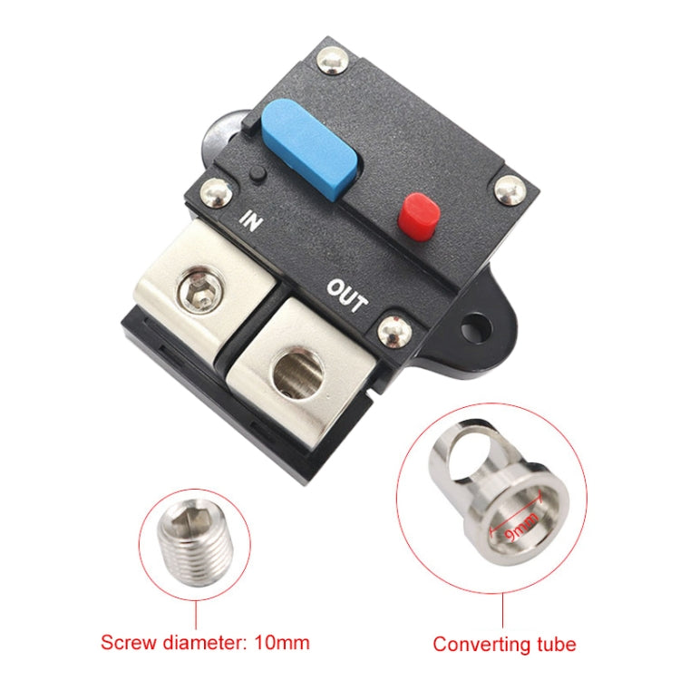 Auto circuit breaker fuse holder with blue switch and red button, includes clear conversion tube