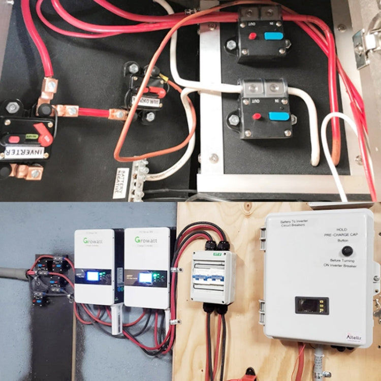 Auto circuit breaker fuse holder installed in a wiring panel, with blue switch and red button