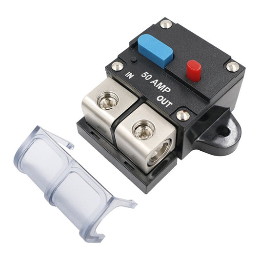 Auto circuit breaker fuse holder with blue switch, red button, 50A IN/OUT, silver terminals