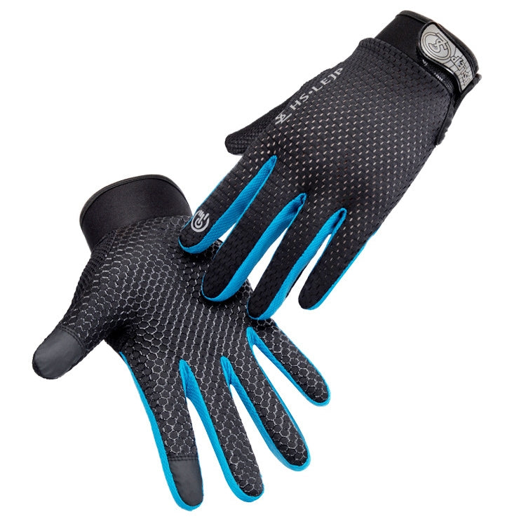 Black full-finger cycling gloves with blue accents and textured non-slip grip palm.
