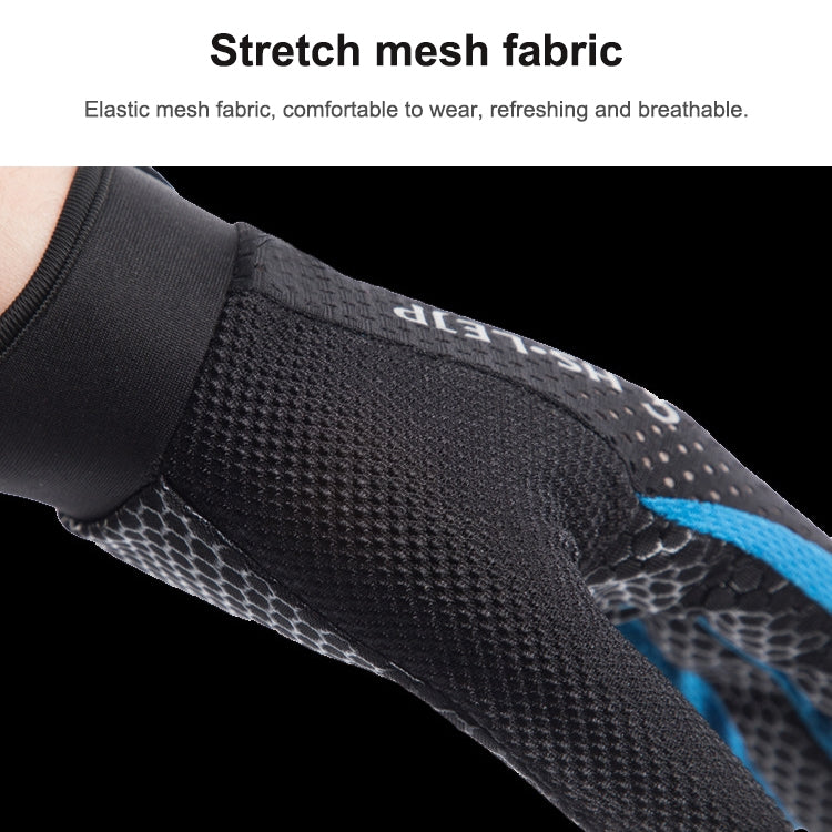 Black cycling glove back close-up with stretch mesh fabric and blue accent stitching.