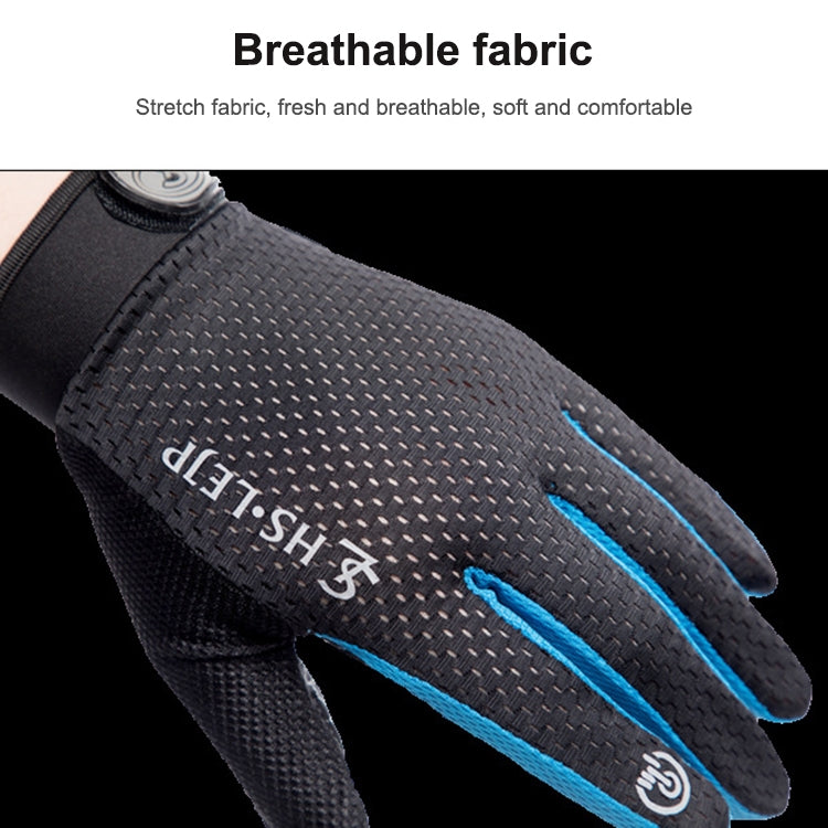 Black cycling gloves close-up with breathable mesh and blue accent grip details.