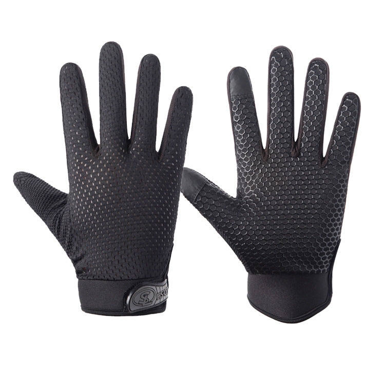 Black full-finger cycling gloves with textured grip palms and breathable mesh back.