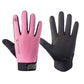 Pink and black full-finger cycling gloves with textured grip and touch-screen fingertips