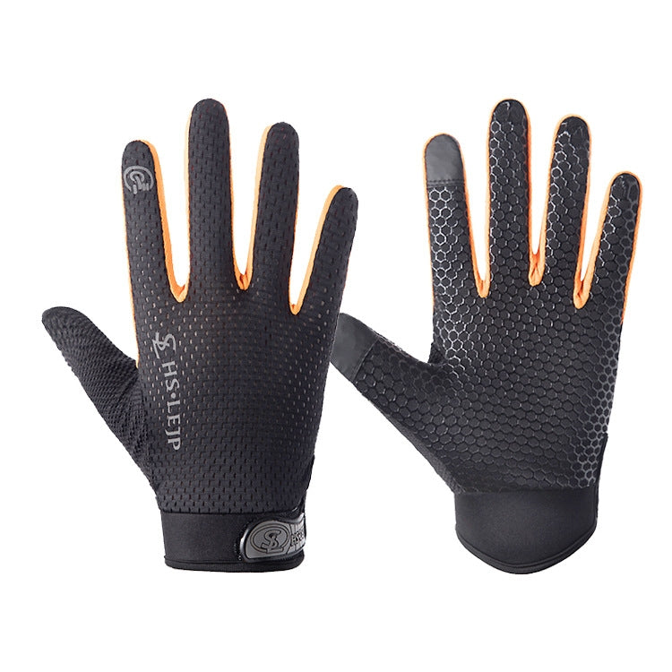 Black full-finger cycling gloves with textured grip and orange-accent touch-screen fingertips