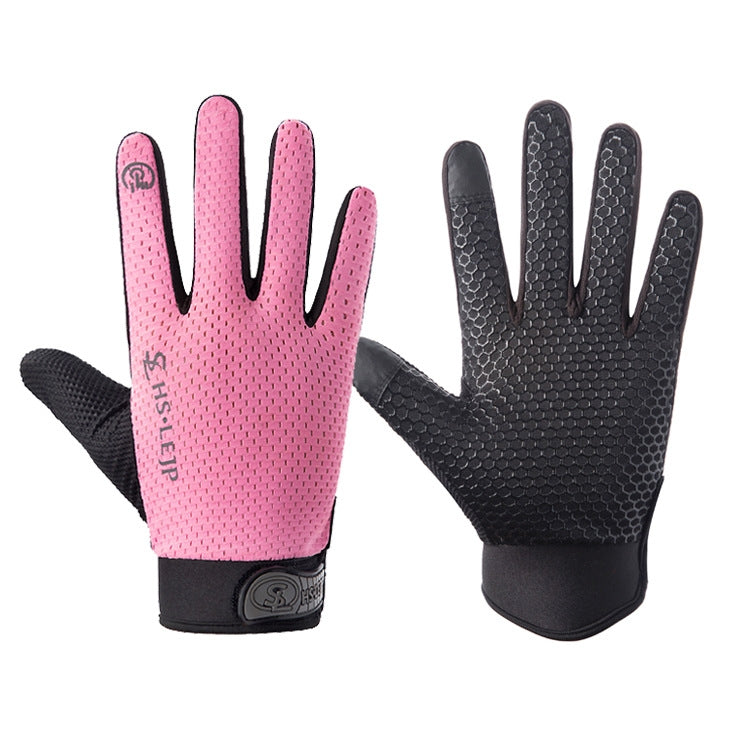 Pink full-finger cycling gloves with textured grip and touch-screen fingertips, black wrist