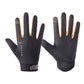 Black full-finger cycling gloves with textured grip, orange-accent touch-screen fingertips