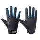 Black full-finger cycling gloves with textured grip, blue-accent touch-screen fingertips