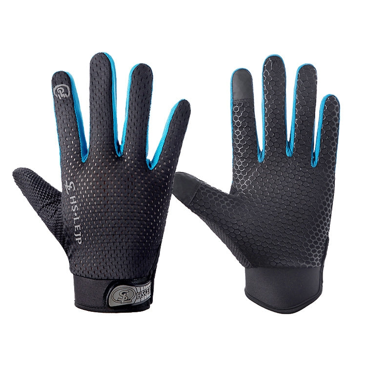 Black full-finger cycling gloves with textured grip, blue-accent touch-screen fingertips