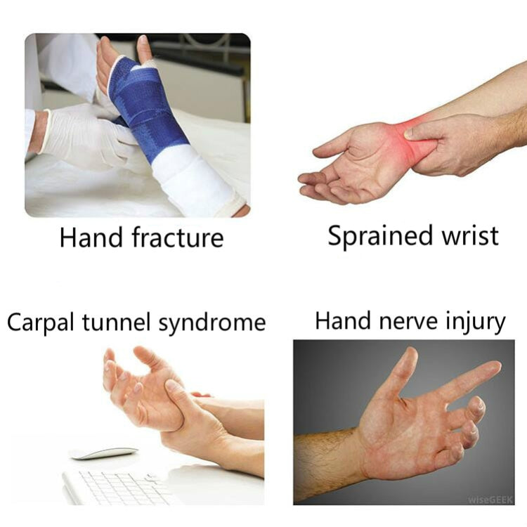 Wrist brace with padded thumb support and finger rest on bare hand