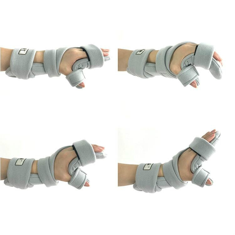 Adjustable wrist immobilization brace fitted on hand and forearm from different views