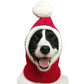 Red wool pet Christmas hat with cream face opening and pom-pom, dog facing forward