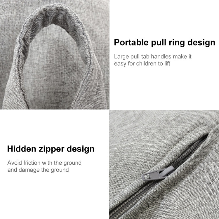 Gray bean bag chair cover with pull-ring handle and visible zipper seam