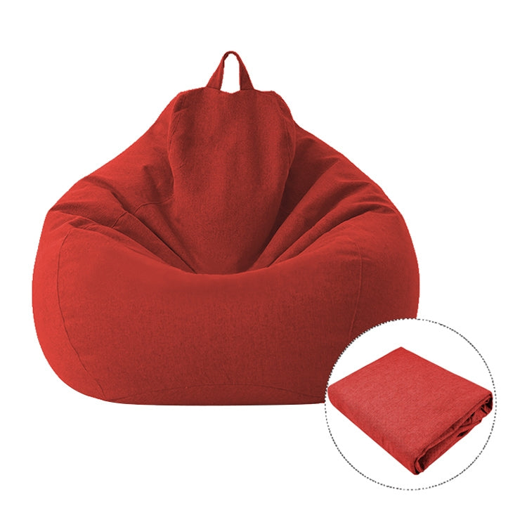 Red fabric bean bag chair cover with top handles and stitched seams