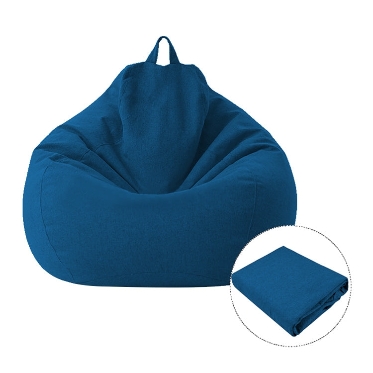 Blue fabric bean bag chair cover with top handles and visible stitched seams