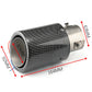 Carbon fiber exhaust tip with stainless mounting band; size-marked diagram