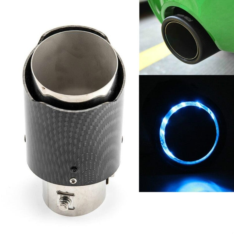 Carbon fiber exhaust tip with stainless end and blue glowing LED ring (front view)