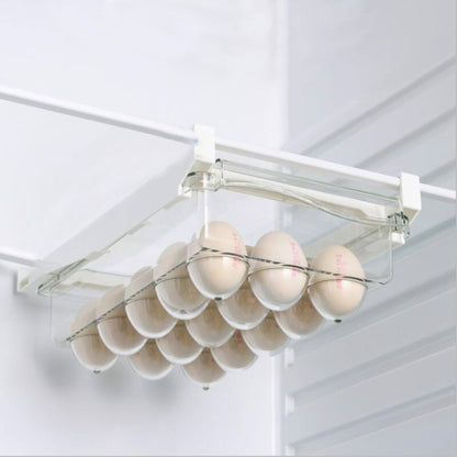 Clear refrigerator egg storage drawer with hinged rail and cup slots