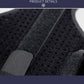 Close-up of black perforated thumb wrist brace with gray support pad