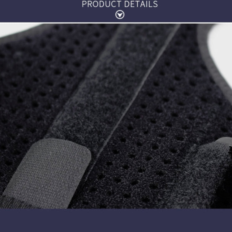 Close-up of black perforated thumb wrist brace with gray support pad