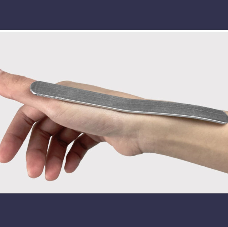Black thumb wrist brace with straight metal support bar held on hand