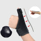 Black thumb wrist brace with metal bar and thumb opening shown on hand