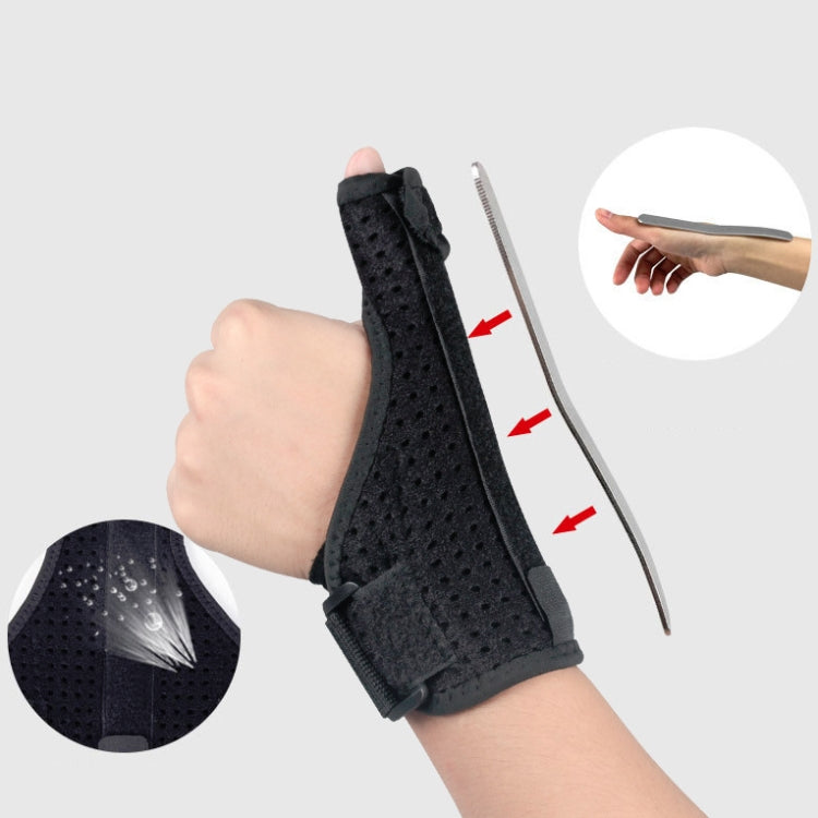 Black thumb wrist brace with metal bar and thumb opening shown on hand