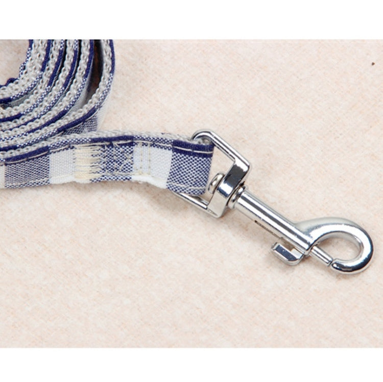 Blue check dog harness strap with metal clasp and swivel hook