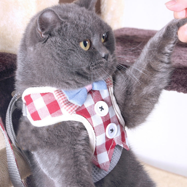 Red and white check-pattern dog chest harness vest with bow and snap buttons