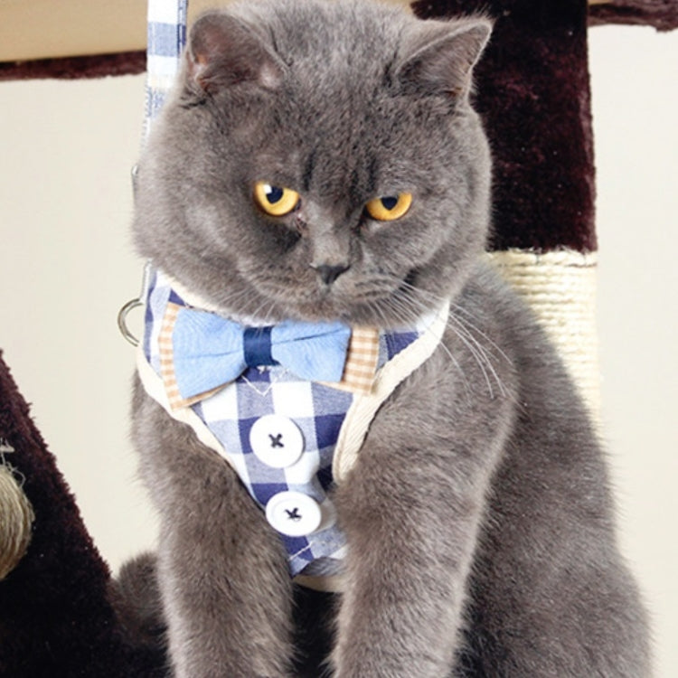 Pet traction rope chest harness vest, blue checkered bow with button closure and leash rope