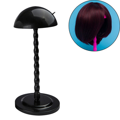 Black wig display stand with dome head and round base