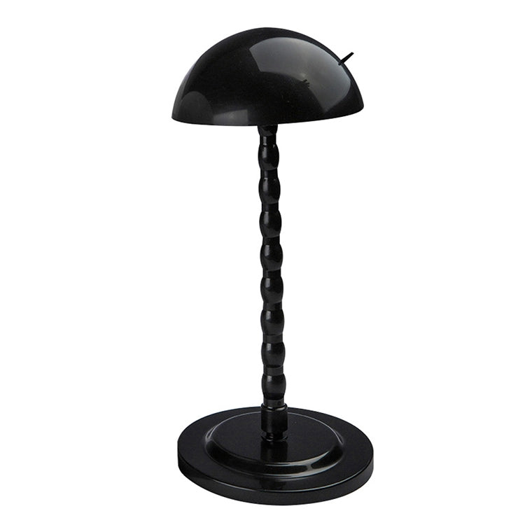 Black wig display stand with dome cap top and pedestal base
