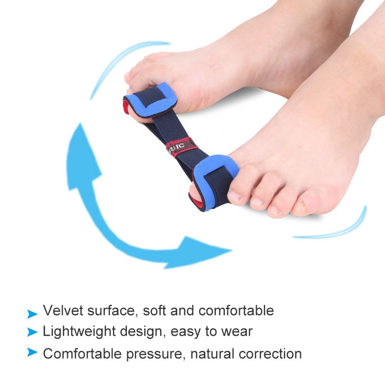 Bunion corrector toe spacer worn on foot with blue pads and black strap