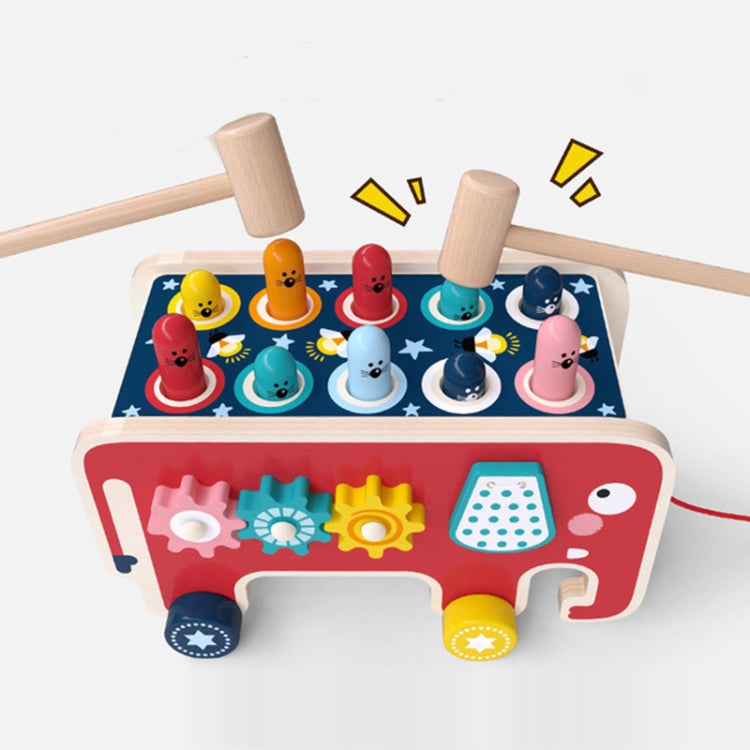 Wooden push-along percussion cart with colorful animal pegs, drum tops, and wooden mallets