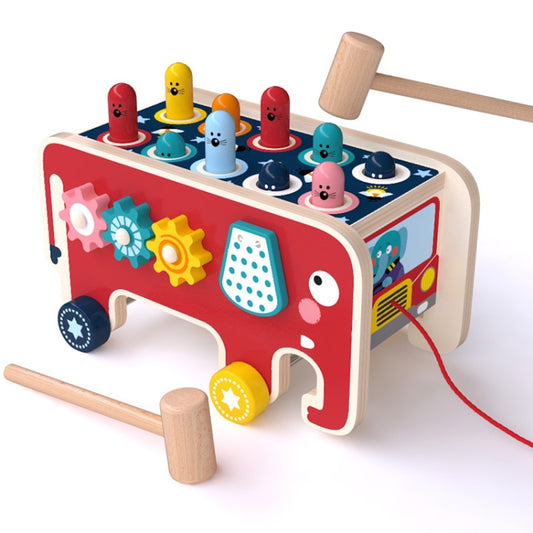 Baby Percussion Wooden Elephant Drag Cart Hitting Hamster Children Educational Toys, Red Elephant, Blue Elephant