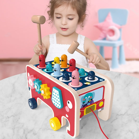 Baby Percussion Wooden Elephant Drag Cart Hitting Hamster Children Educational Toys, Red Elephant, Blue Elephant