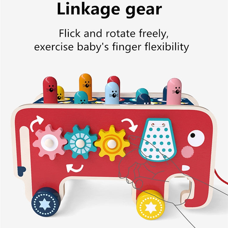 Red wooden percussion cart toy with linkage gears, patterned drum panel, and animal pegs