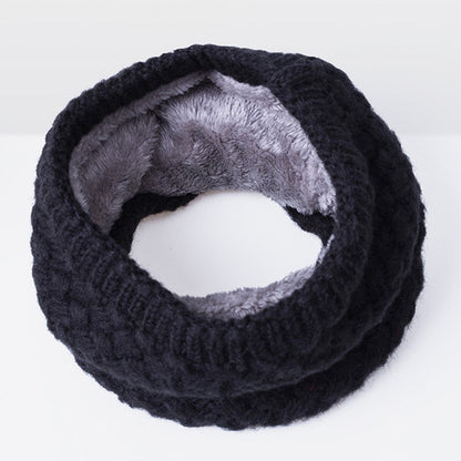 Black knit infinity scarf with thick ribbed texture and soft gray fleece lining