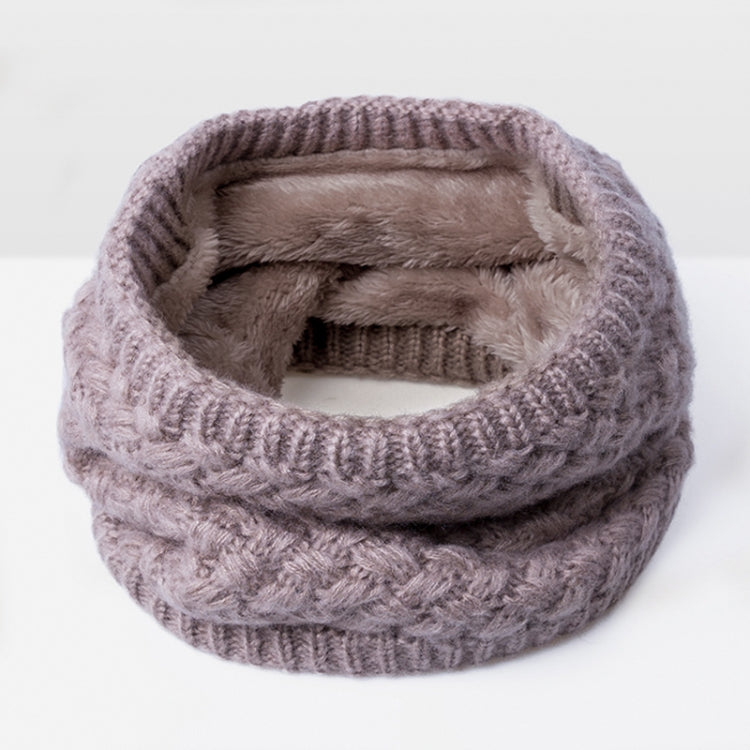 Taupe knit infinity scarf with thick ribbed texture and soft gray fleece lining