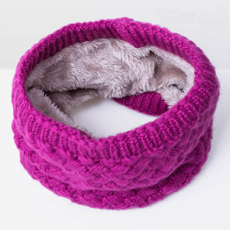 Magenta knit infinity scarf with thick ribbed texture and soft gray fleece lining