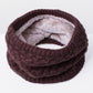 Dark brown knit infinity scarf with thick ribbed texture and soft gray fleece lining