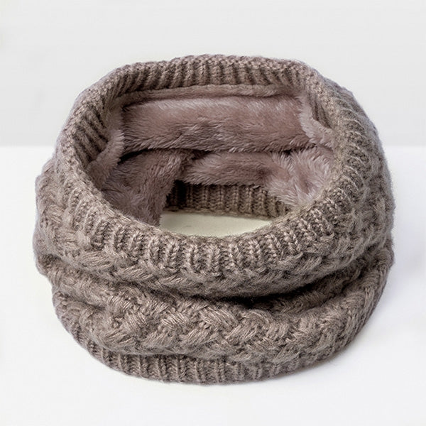 Khaki beige knit infinity scarf with thick ribbed texture and soft gray fleece lining