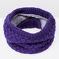 Purple knit infinity scarf with thick ribbed texture and soft gray fleece lining