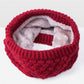 Red knit infinity scarf with thick ribbed texture and soft gray fleece lining