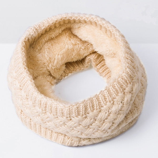 Beige chunky knit infinity scarf with plush velvet-fleece lining, loop style
