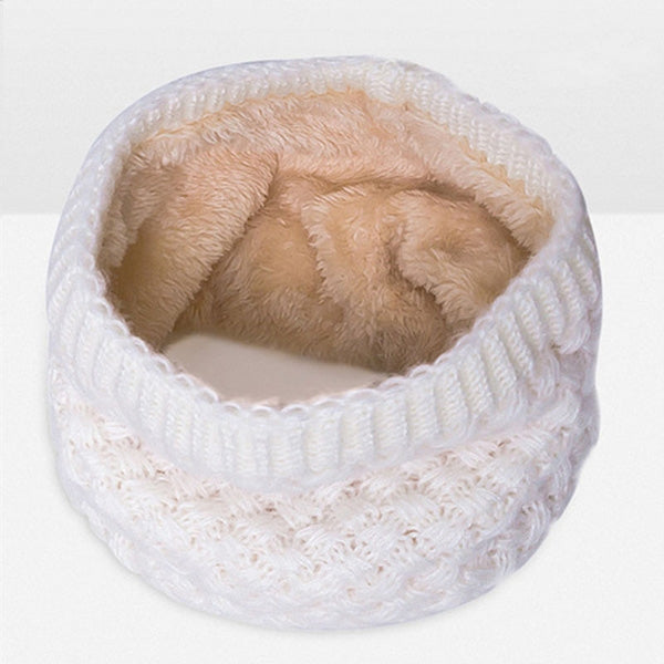 White chunky knit infinity scarf with plush velvet-fleece lining, loop scarf