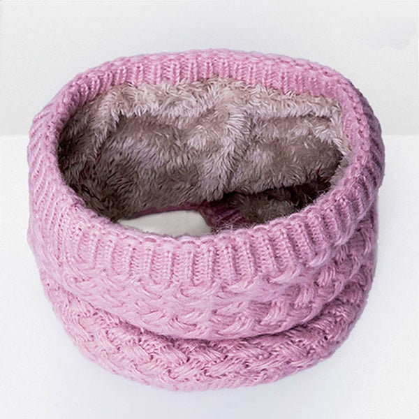 Pink chunky knit infinity scarf with plush velvet-fleece lining, warm loop