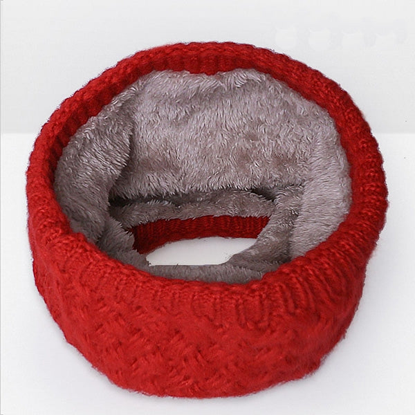 Red chunky knit infinity scarf with plush velvet-fleece lining, cozy loop style