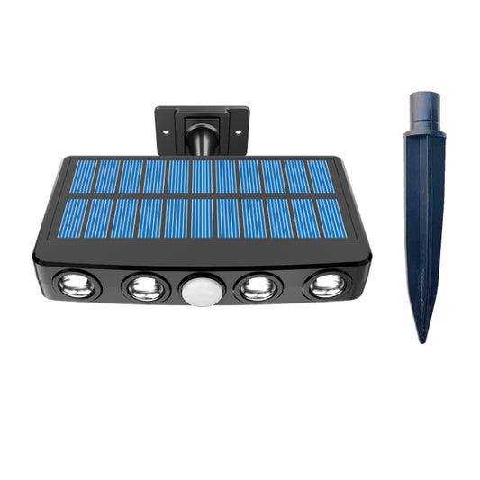 Solar wall light with blue solar panel, mounting bracket, and stake, black housing