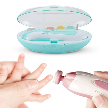 Teal electric baby nail trimmer kit case open with grooming attachments inside